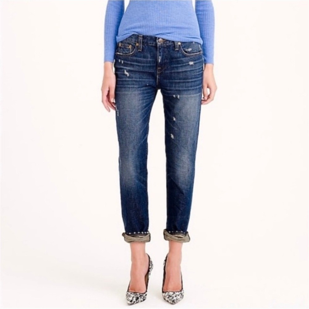 J Crew Broken In Boyfriend Jeans‎ Dark Wash Distressed Size 28